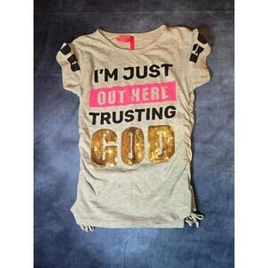 "Im just over here trusting god" girls shirt